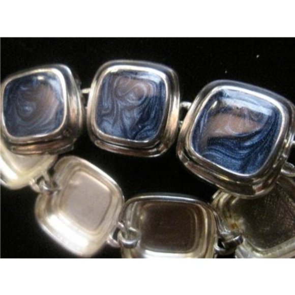 Modernist Sterling Silver & Marbled Deep Blue Enamel Signed Square Link Bracelet - Picture 2 of 10